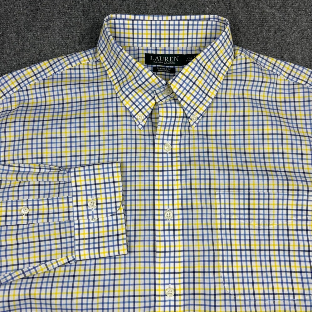 Lauren Ralph Lauren Button Down Shirt Mens 17.5 32/33 Blue Yellow Check Non-Iron